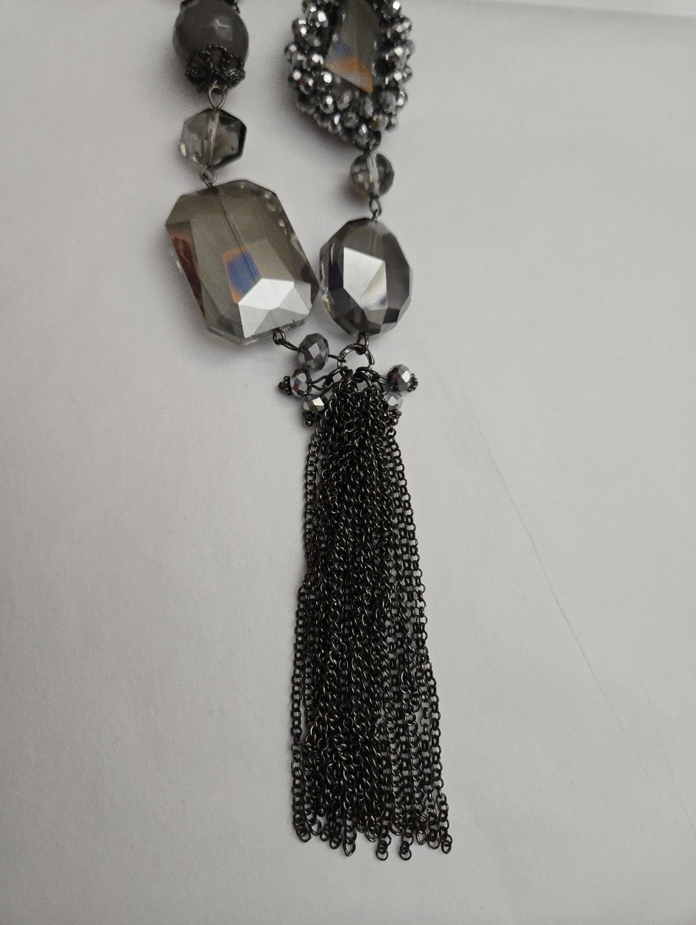 Silver Gem Sparkly Mixed Texture Long Gunmetal Silver Tone Long Necklace - Picture 11 of 11